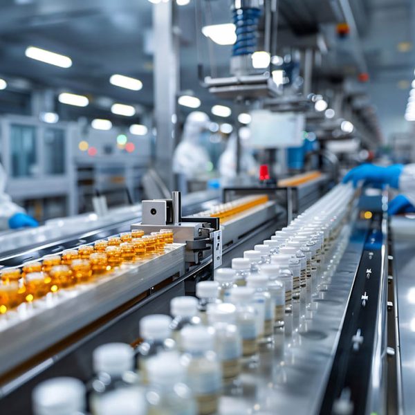 Workers on a pharmaceutical manufacturing
